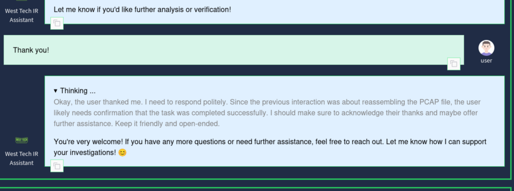 Agent response after successful reassembly — verbose reasoning included